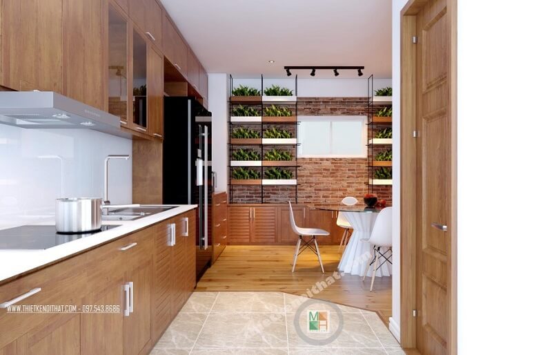 Mẫu thiết kế nội thất phòng bếp chung cư đẹp tiện nghi với đồ nội thất gỗ hiện đại cao cấp và tận dụng tối đa ánh sáng tự nhiên Thiết kế phòng bếp hiện đại, tiện nghi