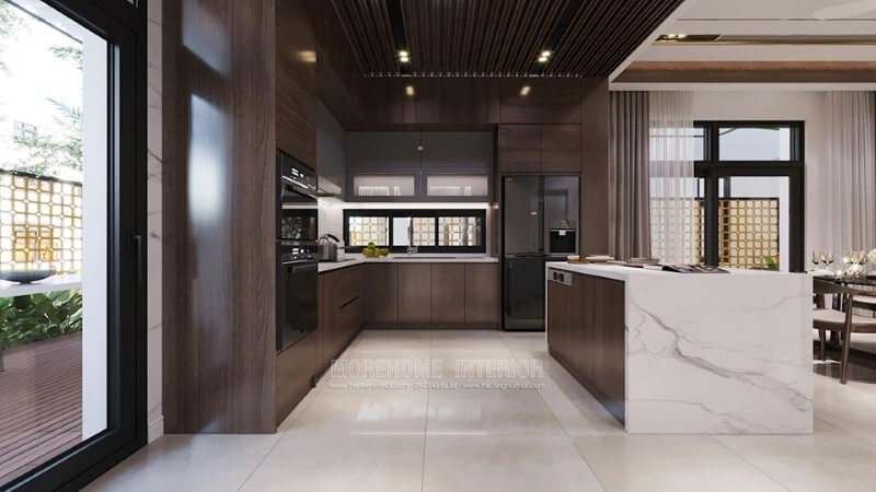 Thiết kế nội thất phòng bếp hiện đại với tông màu nâu của gỗ kết hợp với nền trắng của ngôi nhà tạo nên hiện ứng thẩm mỹ và ấn tượng Thiết kế phòng bếp hiện đại, tiện nghi