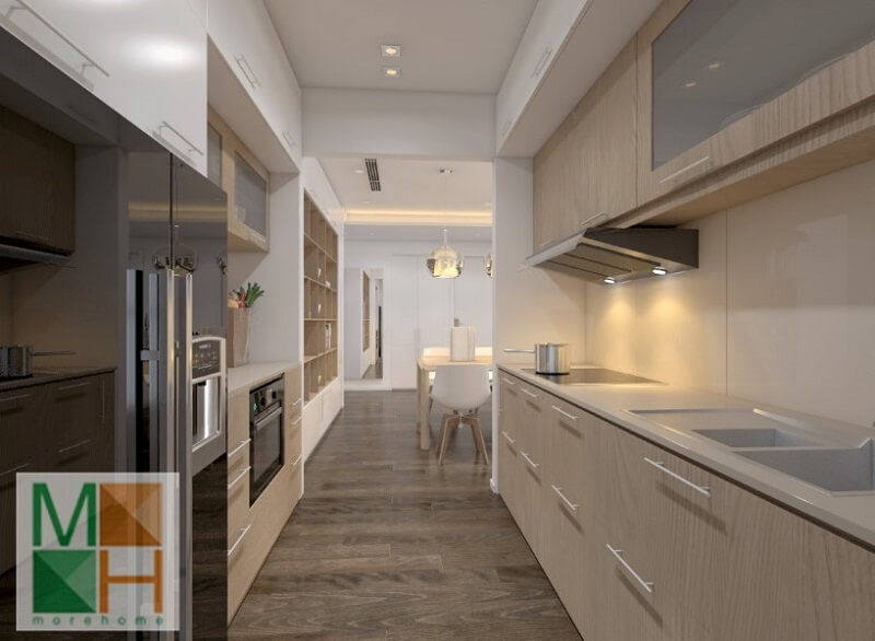 Thiết kế phòng bếp chung cư hiện đại với hệ tủ bếp gỗ công nghiệp hiện đại,thông minh Thiết kế phòng bếp hiện đại, tiện nghi