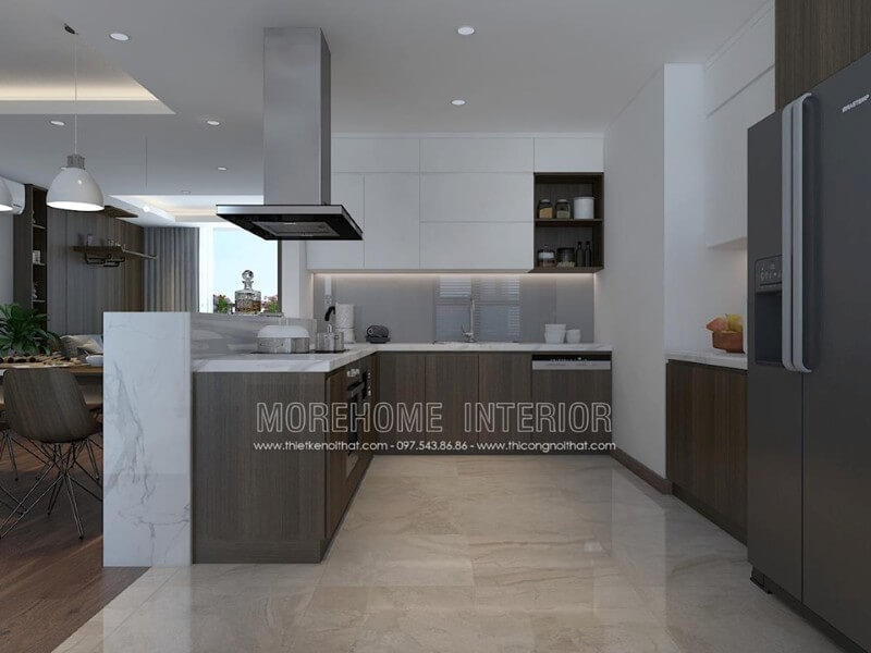 Thiết kế nội thất phòng bếp chung cư với đồ nội thất bố trí khoa học hiện đại Thiết kế phòng bếp chung cư