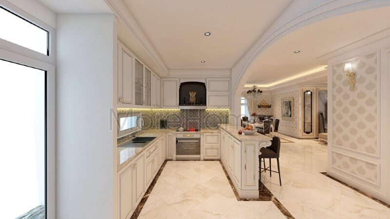 Mẫu thiết kế phòng bếp chung cư phong cách tẩn cổ điển được bố trí liền kề không hề có vách ngăn mang đến sự thuận tiện và linh hoạt cho không gian sống. Thiết kế phòng bếp chung cư đẹp, trẻ trung, sang trọng
