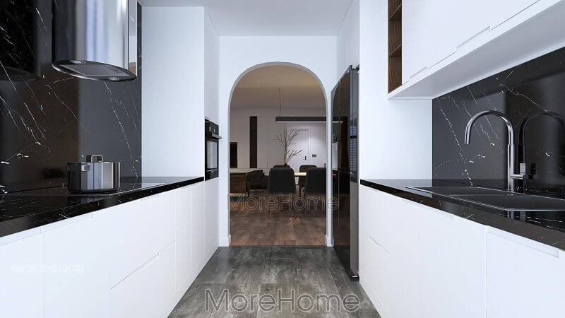 Không gian phòng bếp sang chảnh tiện nghi với mẫu đồ nội thất được làm bằng gỗ Acrylic bóng gương Thiết kế phòng bếp chung cư đẹp, trẻ trung, sang trọng