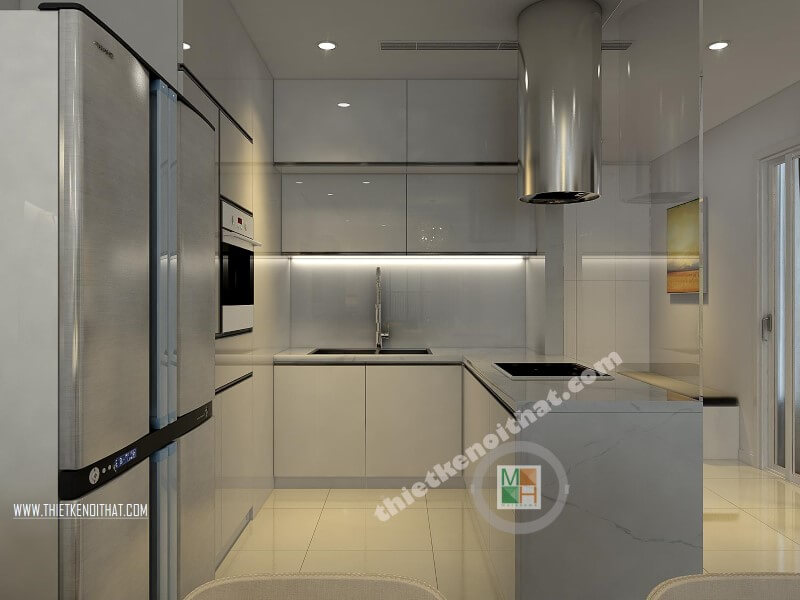 Thiết kế phòng bếp chung cư cao cấp với hệ tủ bếp acrylic màu trắng kết hợp bàn đảo ốp đá nhân tạo mang đến vẻ đẹp sang trọng và đẳng cấp cho căn bếp gia đình bạn Thiết kế phòng bếp chung cư đẹp, trẻ trung, sang trọng
