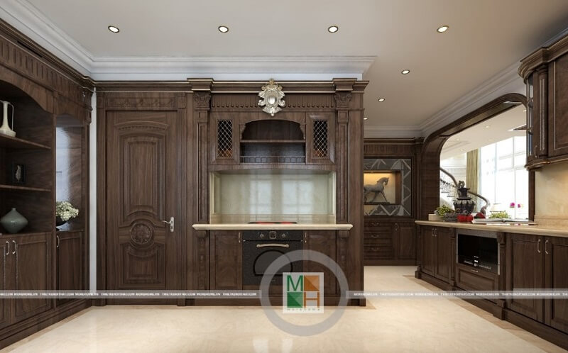 Thiết kế phòng bếp chung cư đẹp có hệ tủ bếp gỗ tự nhiên nâu trầm với kiểu dáng tinh tế, nghệ thuật mang đến vẻ đẹp sang trọng, đẳng cấp cho căn phòng. Thiết kế phòng bếp chung cư đẹp, trẻ trung, sang trọng