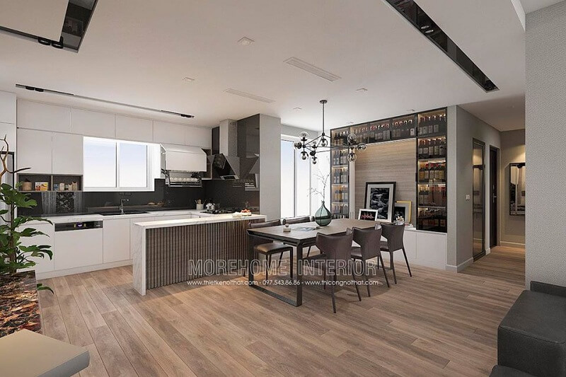 Thiết kế phòng bếp chung cư hiện đại với hệ tủ bếp acrylic thông minh cùng bộ bàn ăn gỗ cao cấp được nhiều gia chủ yêu thích và hướng đến Thiết kế phòng bếp chung cư đẹp, trẻ trung, sang trọng