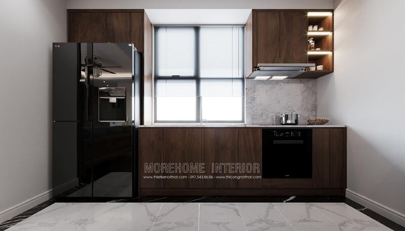 Gợi ý mẫu tủ bếp gỗ óc chó phong cách hiện đại chữ I sang trọng cho căn hộ chung cư tại Imperia Sky Garden Minh Khai Hà Nội Thiết kế phòng bếp chung cư đẹp, trẻ trung, sang trọng