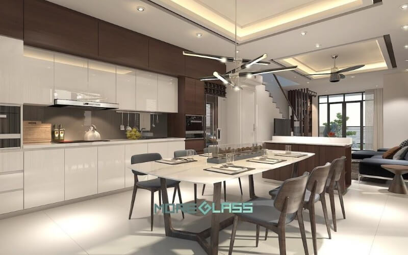 Thiết kế nội thất phòng bếp liền phòng ăn hiện đại, sang trọng lấy tông màu trắng và ghi làm chủ đạo tạo cảm giác dễ chịu, thoải mái. Thiết kế nội thất bếp hiện đại