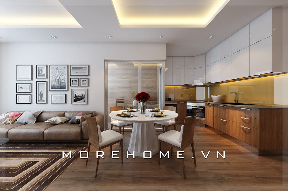 Thiết kế nội thất phòng bếp hiện đại với tone màu nâu trắng mang đến không gian ấn tượng, điểm nhấn cho căn phòng Thiết kế phòng bếp chung cư ấn tượng