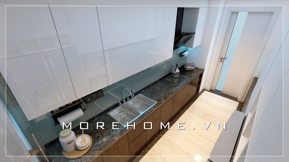 Thiết kế phòng bếp chung cư hiện đại với nội thất ủ bếp gỗ acrylic tone màu trắng ấn tượng và tiện nghi Thiết kế phòng bếp chung cư ấn tượng