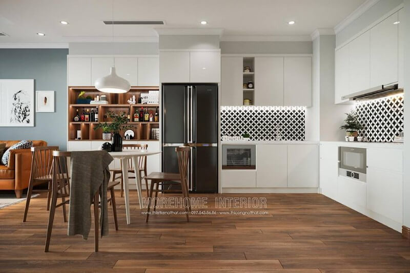 Điểm nhấn của không gian bếp là đá ốp bếp nhân tạo họa tiết lạ mắt làm nổi bật không gian bếp Mẫu thiết kế phòng bếp chung cư tiện nghi cho người nội trợ