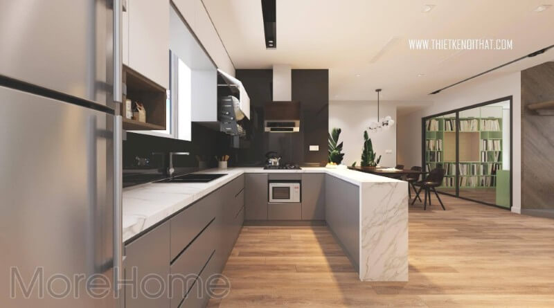 Nội thất phòng bếp chung cư hiện đại với các thiết bị nội thất bếp tiên nghi , đa năng đáp ứng như cầu caủa người nội trợ Mẫu thiết kế phòng bếp chung cư tiện nghi cho người nội trợ