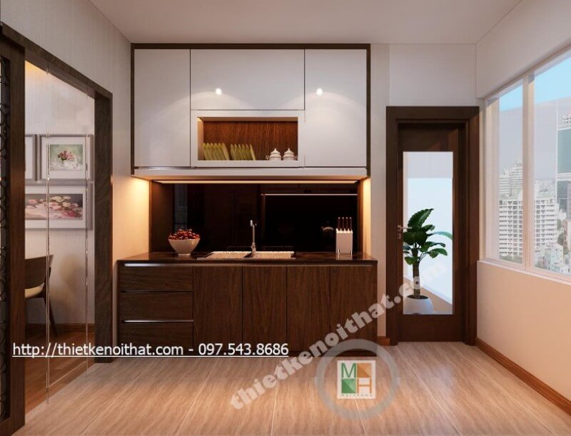 Thiết kế phòng bếp chung cư gọn gàng đơn giản mà vẫn đảm bảo được tính tiện nghi của nội thất Mẫu thiết kế phòng bếp chung cư tiện nghi cho người nội trợ