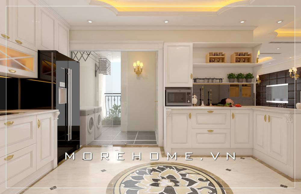 Thiết kế nội thất phòng bếp tân cổ điển tone màu trắng sang trọng cho nhà chung cư Mẫu thiết kế phòng bếp chung cư tiện nghi cho người nội trợ