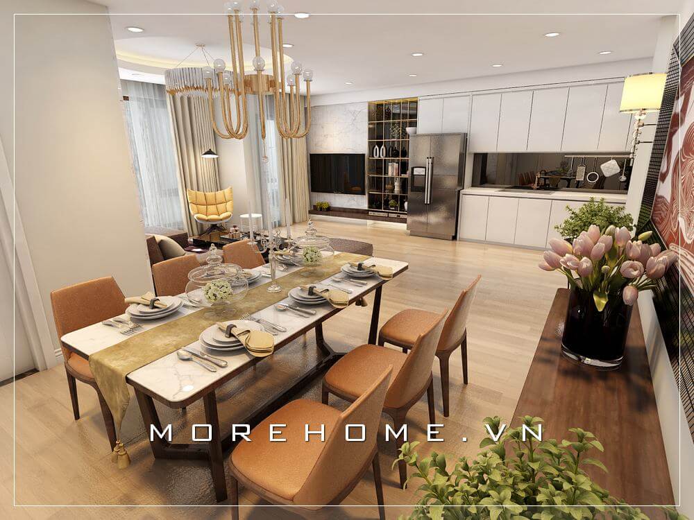 Thiết kế nội thất phòng bếp chung cư với tone màu trắng hiện đại tạo nên không gian thoáng mát và sạch sẽ hơn Mẫu thiết kế phòng bếp chung cư tiện nghi cho người nội trợ