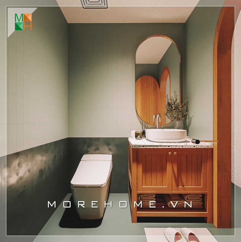 Mẫu kệ tủ gỗ nhà vệ sinh đơn giản, được trang bị mặt bàn và lavabo nổi đẹp mắt và tinh tế bằng đá nhân tạo cao cấp.